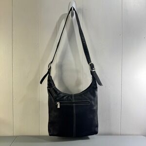 Nino Bossi Black Leather Hobo Crossbody Bag Contrast Stitch Silver Hardware